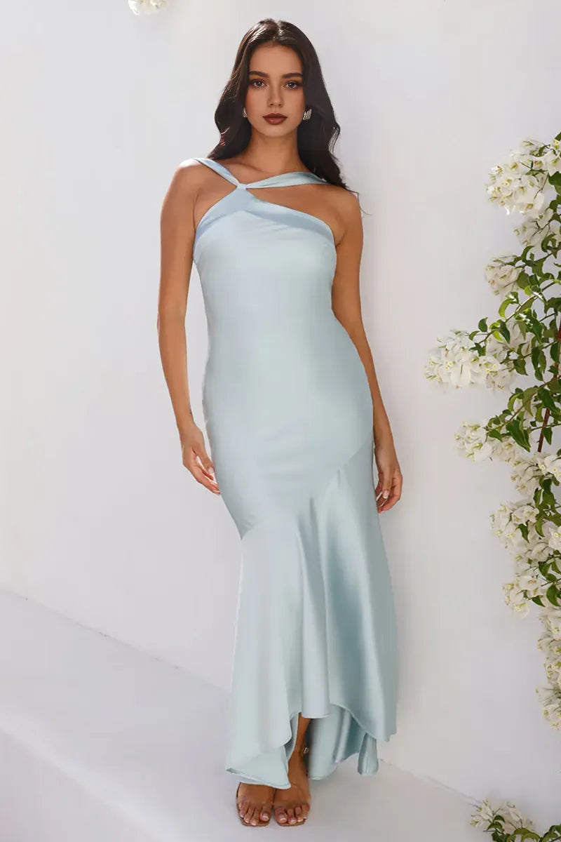 Robe Weitese à col asymétrique, sans manches, moulante, ourlet en queue de poisson, dos nu, en satin, robe de bal longue, bleue